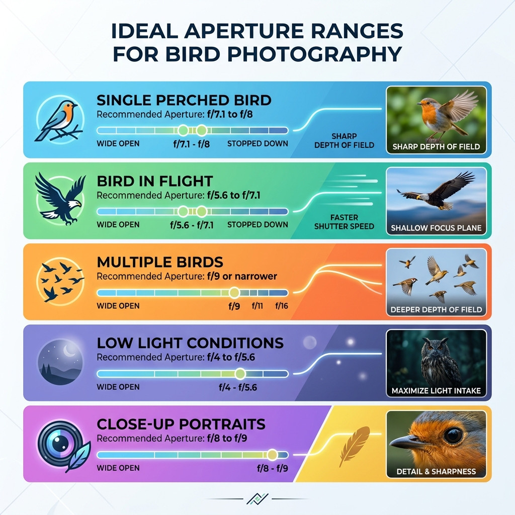 Infographic showing ideal aperture ranges for bird photography scenarios with depth of field examples - ideal aperture for