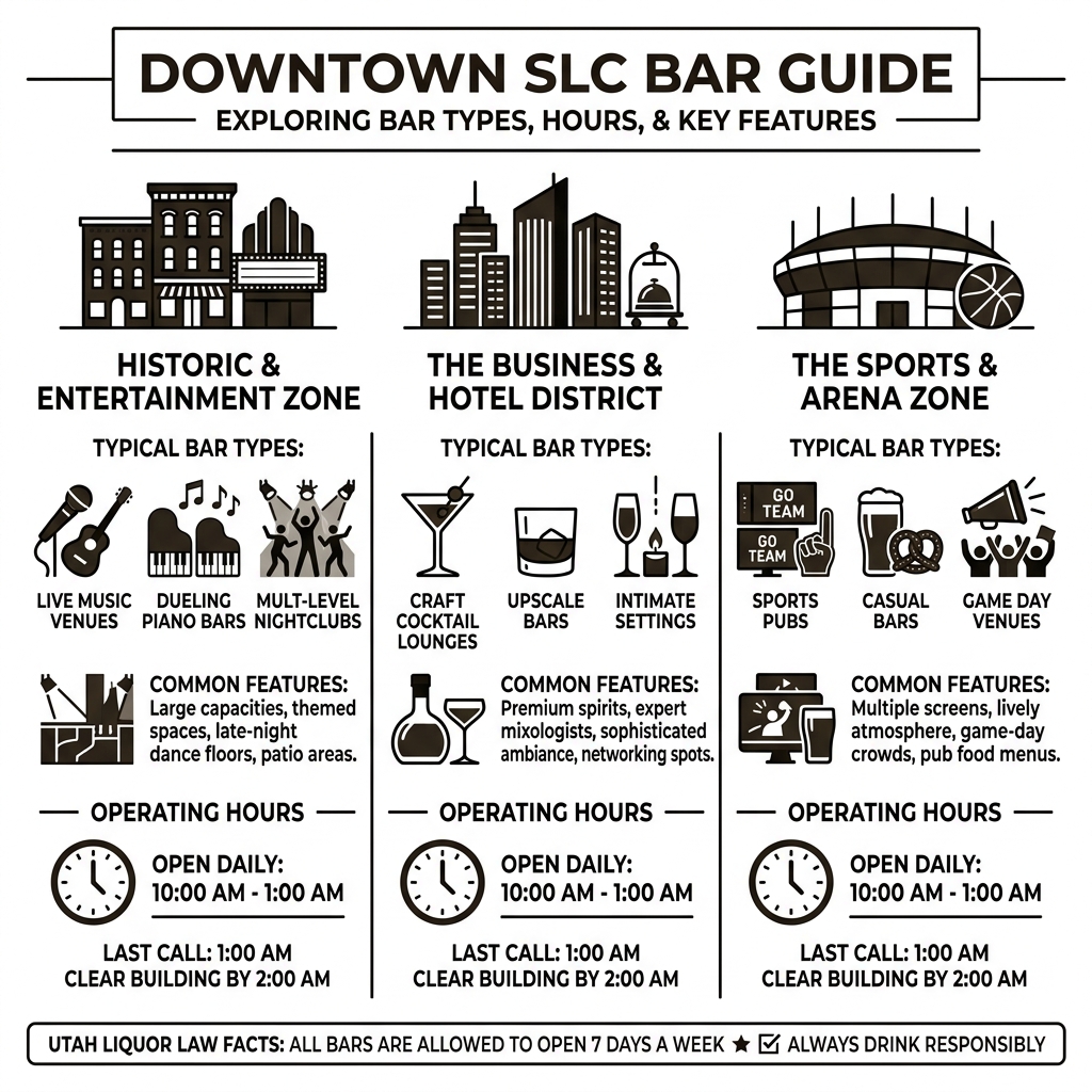 infographic showing downtown SLC bar types, hours, and key features by neighborhood zone - downtown bars salt lake city infographic showing downtown SLC bar types, hours, and key features by neighborhood zone - downtown bars salt lake city