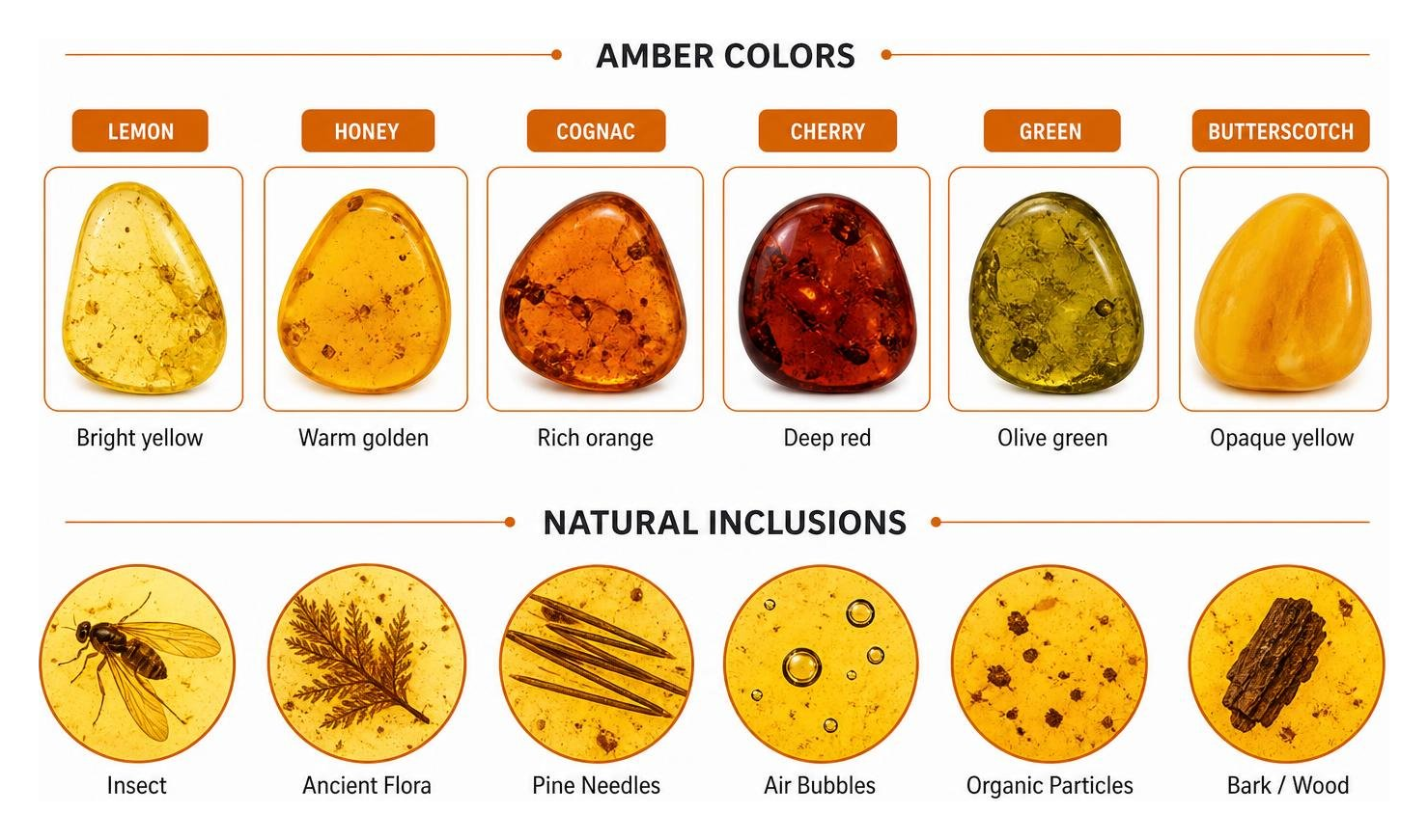 Diagram showing amber colors and natural inclusions