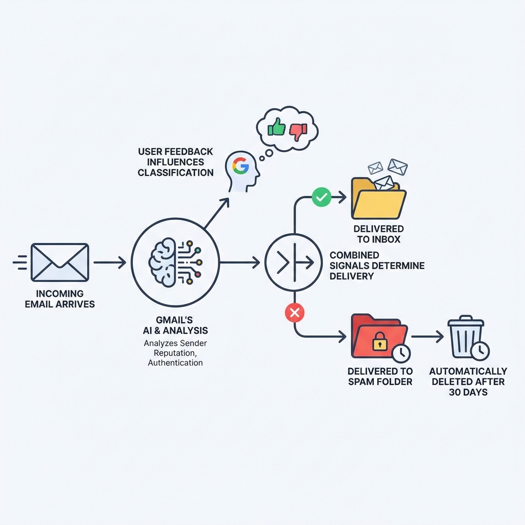 infographic showing the email filtering process: incoming email arrives, Gmail's AI analyzes sender reputation and authentication, user feedback influences classification, email is delivered to inbox or spam folder based on combined signals, spam emails are automatically deleted after 30 days - gmail junk mail filter infographic 