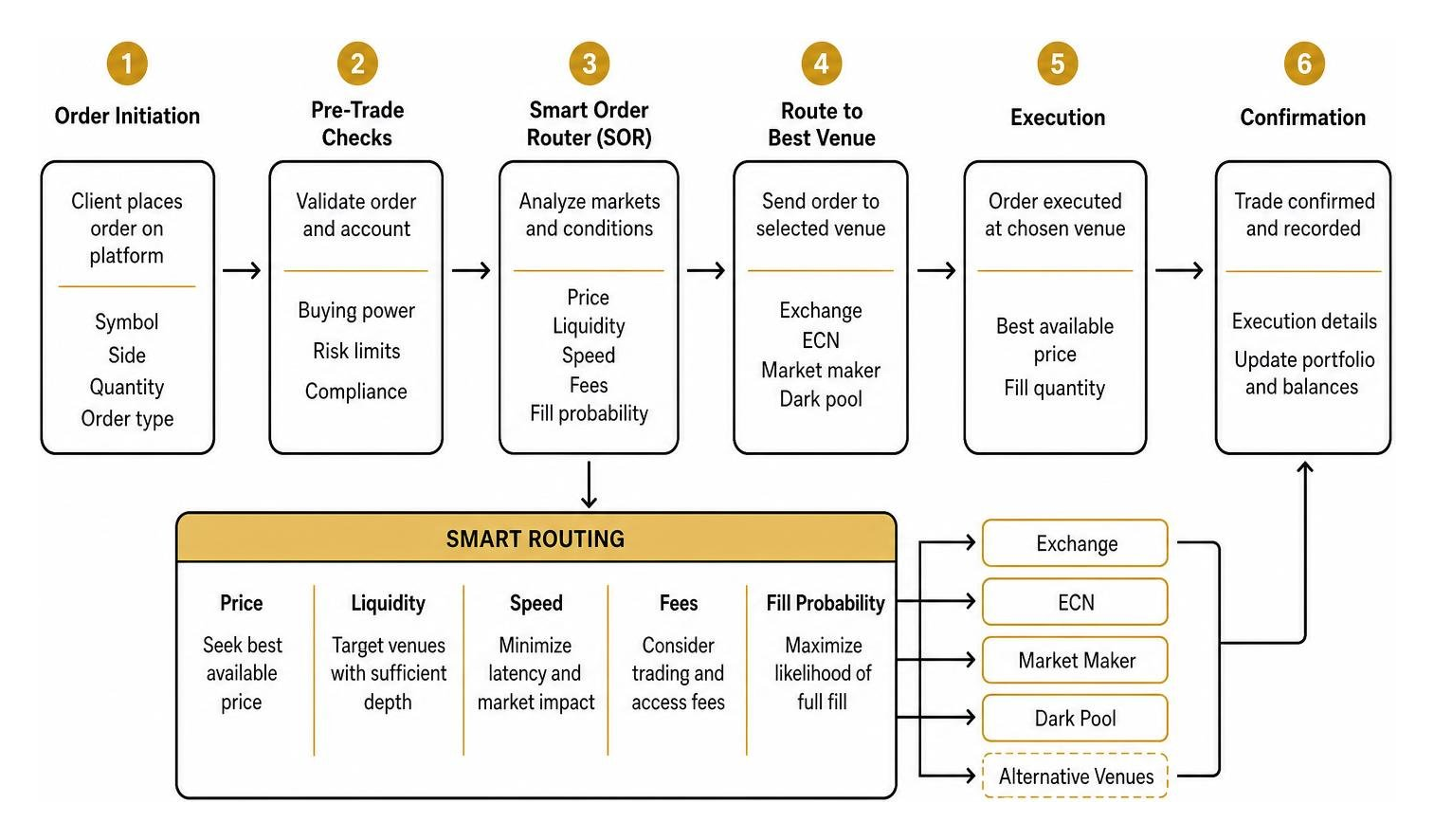 Process flow of order execution and smart routing across platforms