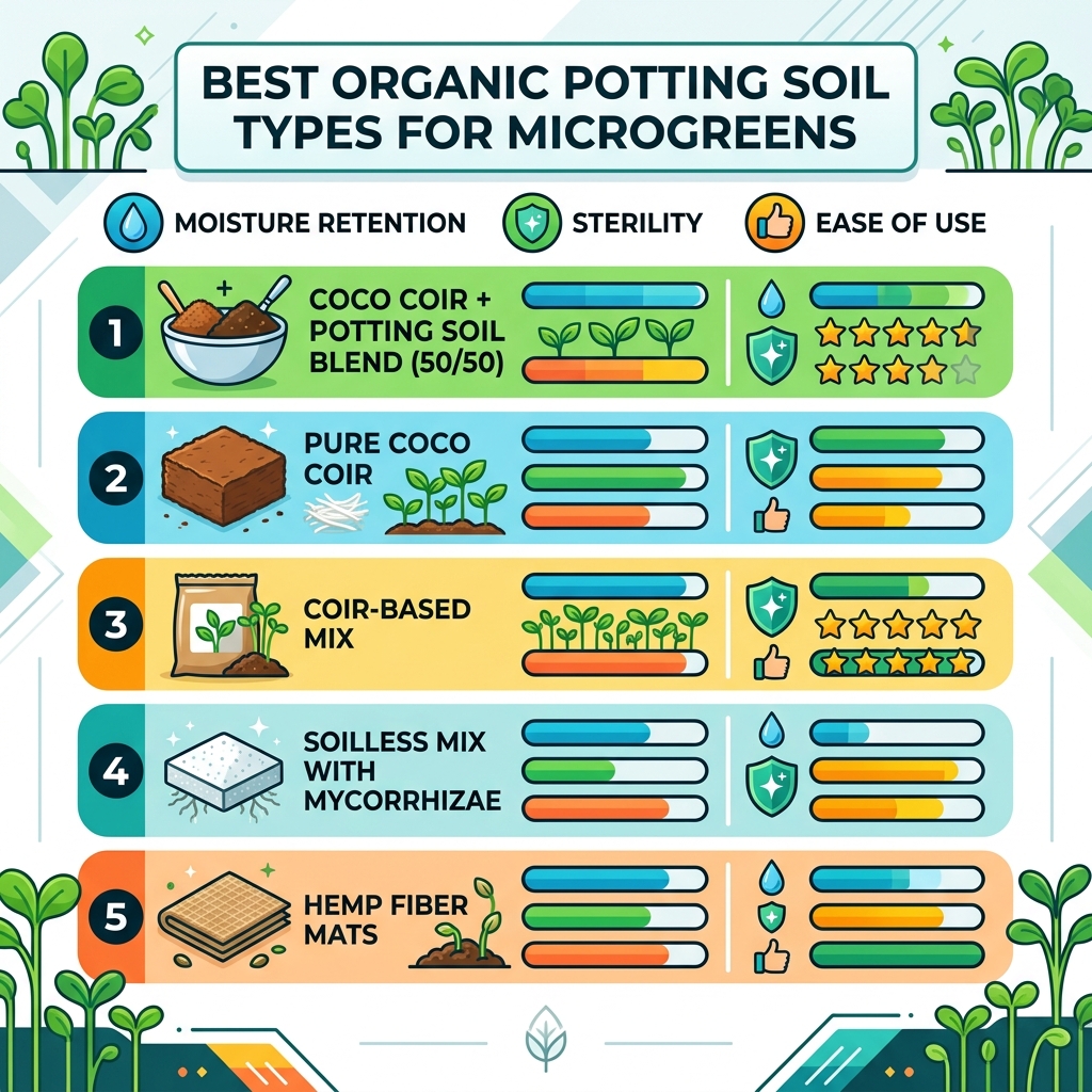 Infographic showing best organic potting soil types for microgreens ranked by moisture retention, sterility, and ease of use