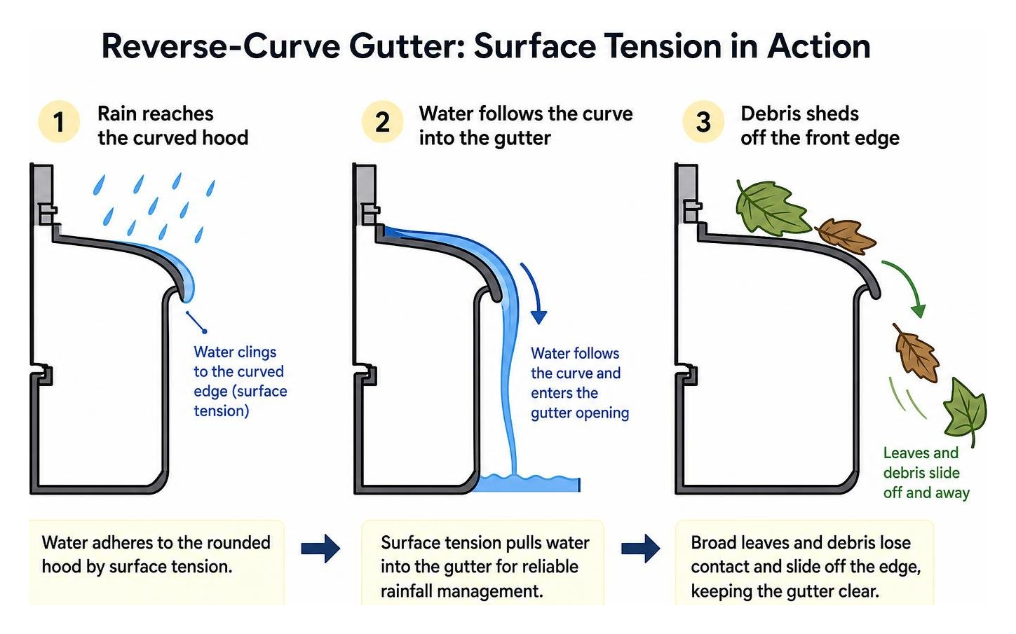 Diagram showing how surface tension pulls water into reverse-curve gutters while shedding debris Diagram showing how surface tension pulls water into reverse-curve gutters while shedding debris