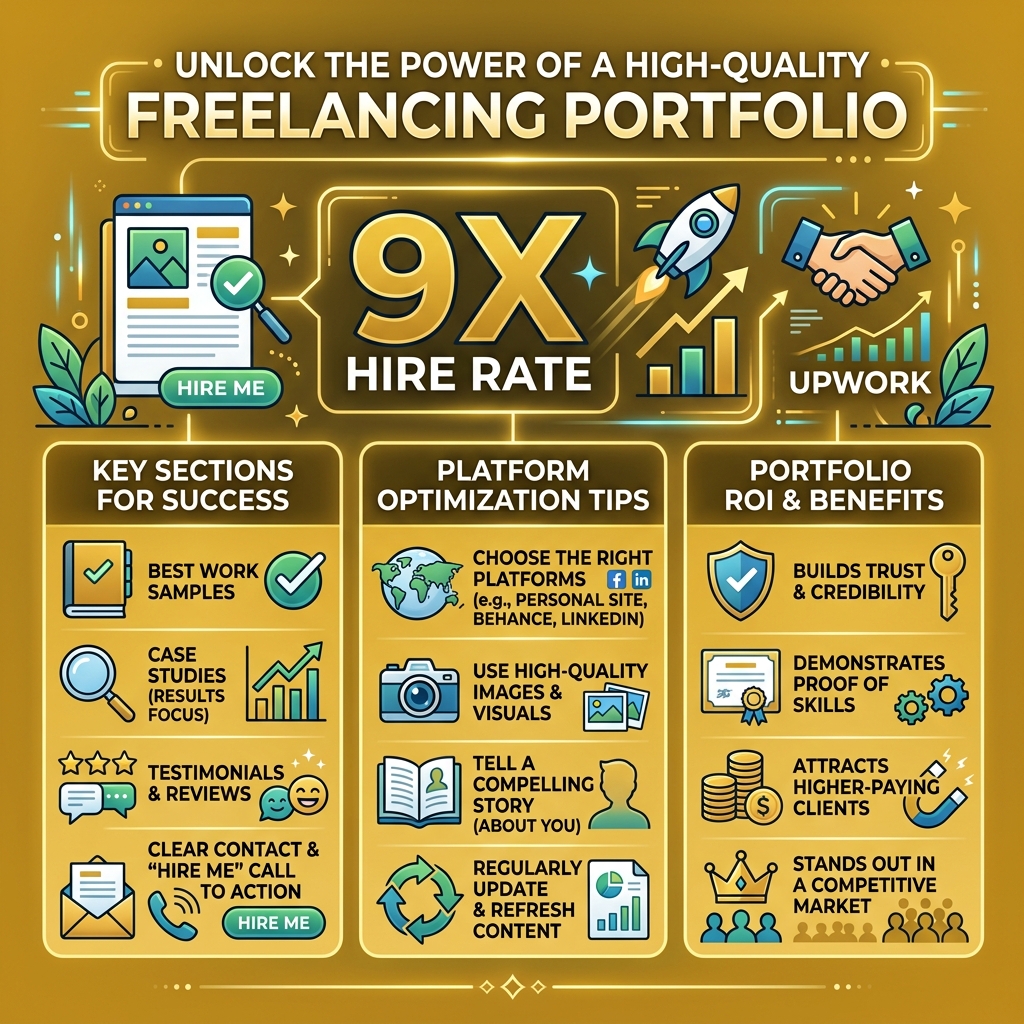 Infographic showing ROI of a high-quality freelancing portfolio: 9x hire rate, key sections, and platform tips - freelancing