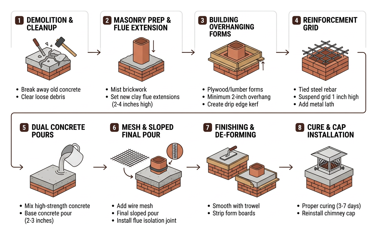 Step by step chimney crown replacement workflow from demo to cure Step by step chimney crown replacement workflow from demo to cure