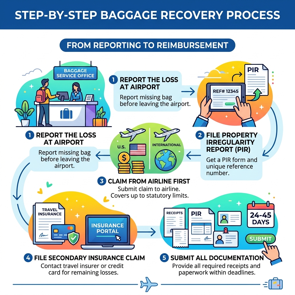 Step-by-step baggage recovery process from reporting to reimbursement - lost luggage insurance claims infographic 