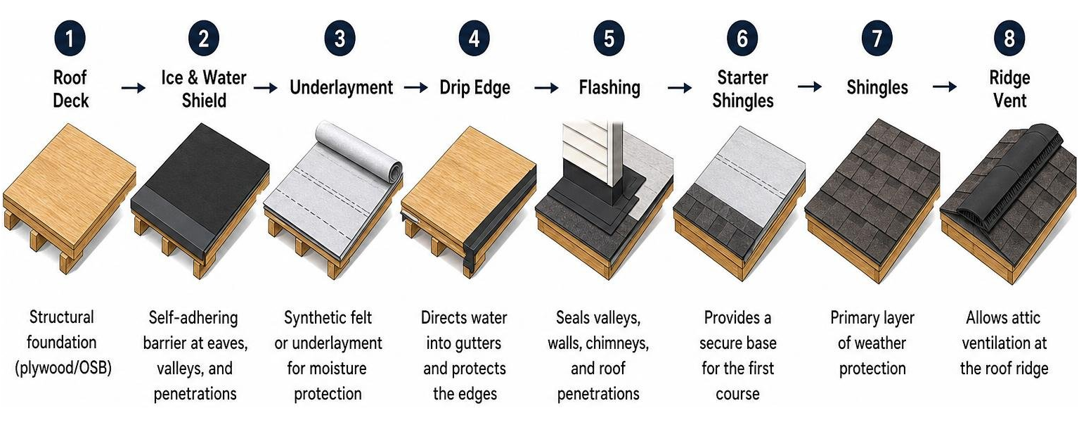 Diagram illustrating the sequence of layered components in a code-compliant residential roof installation Diagram illustrating the sequence of layered components in a code-compliant residential roof installation