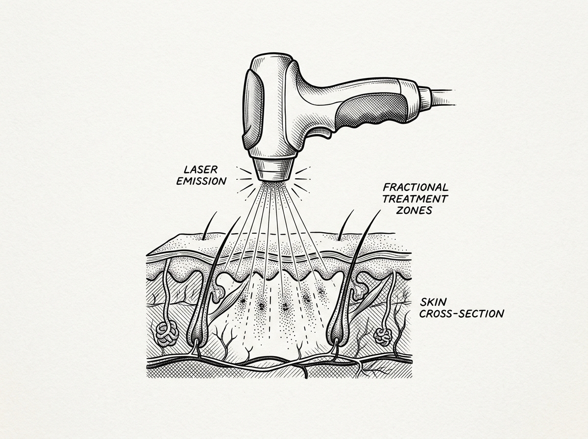 A pen-and-ink illustration of a fractional laser device emitting light into a skin cross-section - laser scar removal for