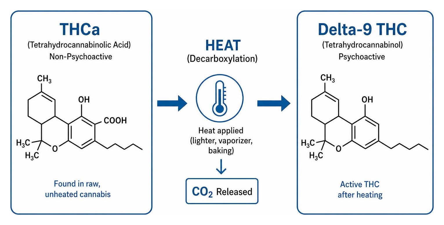 THCa decarboxylating into active Delta-9 THC through heat application