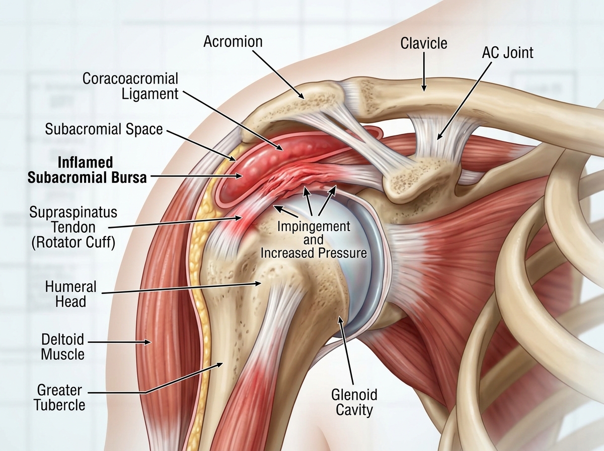 Shoulder joint inflammation and subacromial pressure - rotator cuff injury pain at night