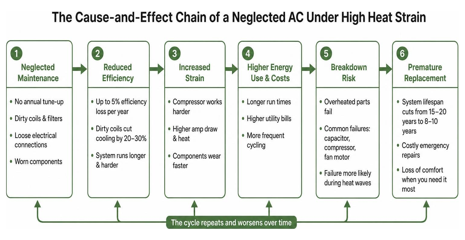 Diagram showing the cause-and-effect chain of a neglected AC unit under high heat strain Diagram showing the cause-and-effect chain of a neglected AC unit under high heat strain