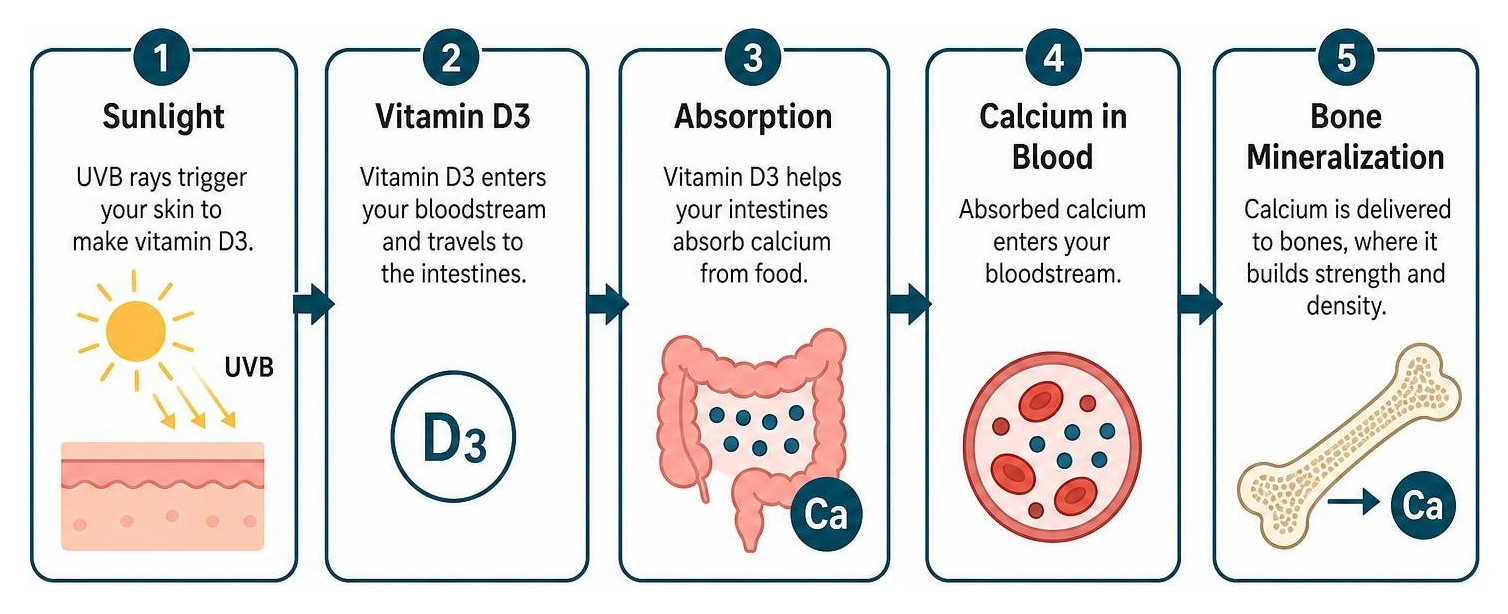 How vitamin D3 supports bone health: sunlight, absorption, calcium, and bone mineralization
