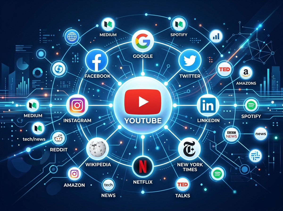 A Network Of High-Authority Websites All Linking Back To A Central Youtube Video Icon - Free Backlinks For Youtube Videos