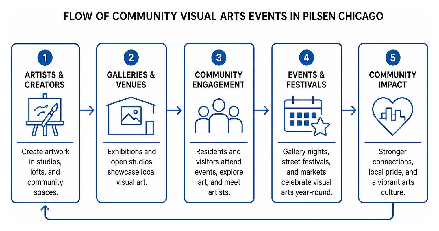 Flow of community visual arts events in Pilsen Chicago