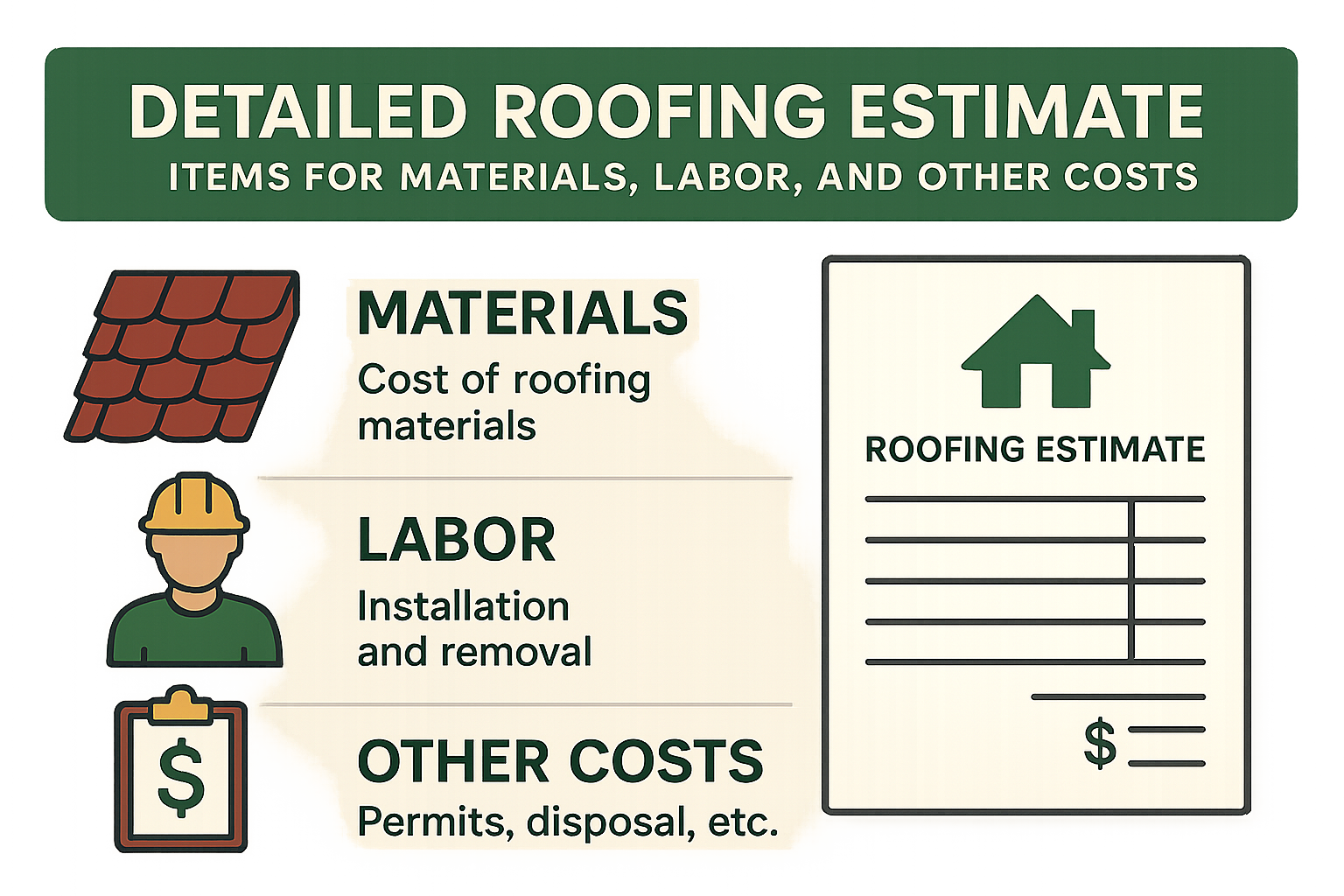 detailed roofing estimate showing line items for materials, labor, and other costs - roofing repair contractors near me infographic