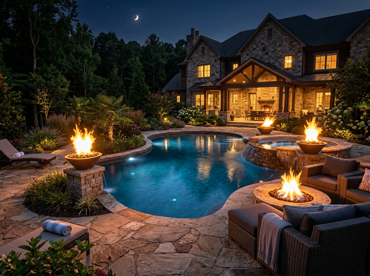 custom pool with fire bowls - outdoor living spaces