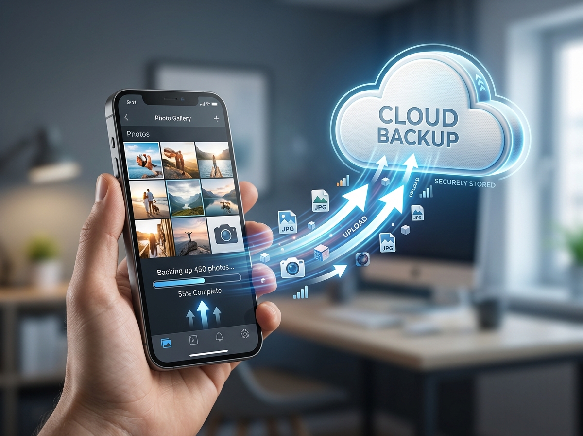 smartphone backing up photos to a cloud server icon - free cloud photo storage