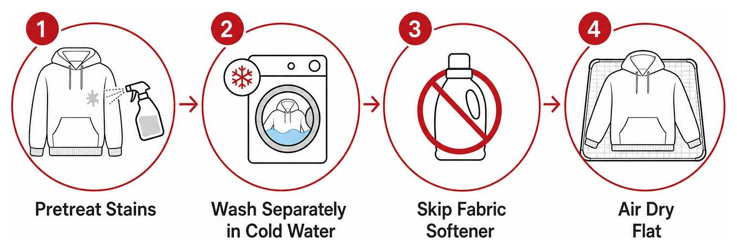 diagram showing step-by-step care process for washing white hoodies: pretreat stains, wash separately in cold water, skip