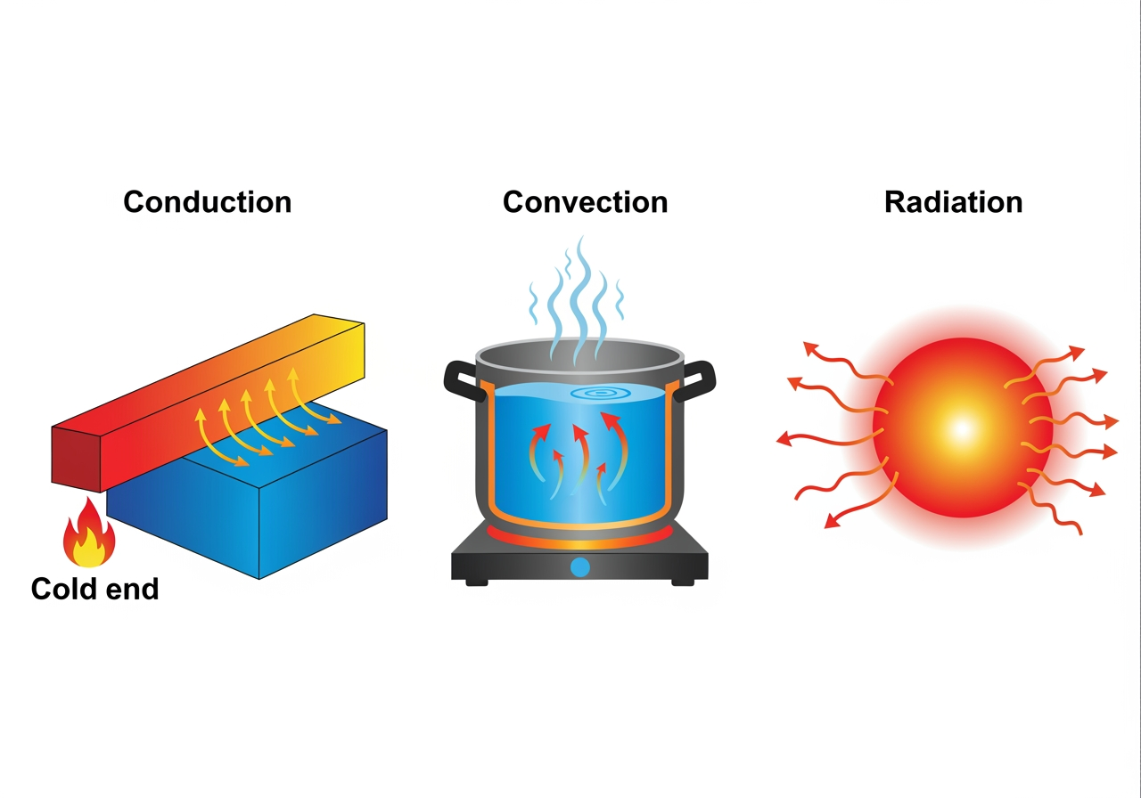 Schematic diagram illustrating conduction, convection, and radiation heat transfer methods - distillation definition