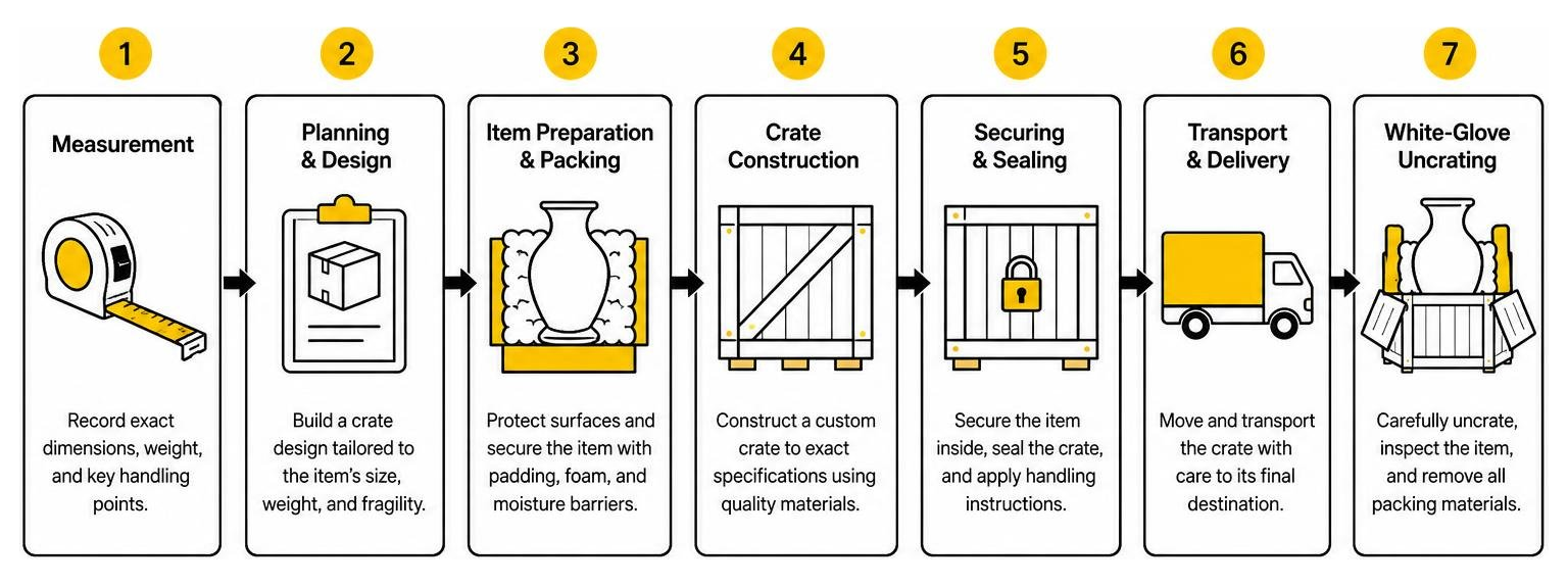 Workflow diagram of the custom crating process from initial dimensional measurement to final white-glove uncrating