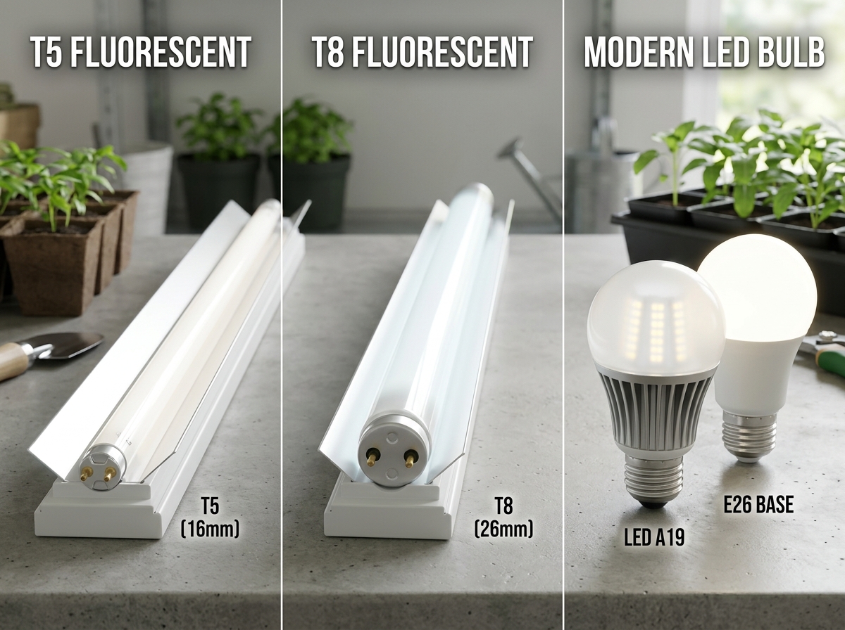 Comparing T5 vs T8 and LED bulb types for indoor gardening - best lights to grow microgreens