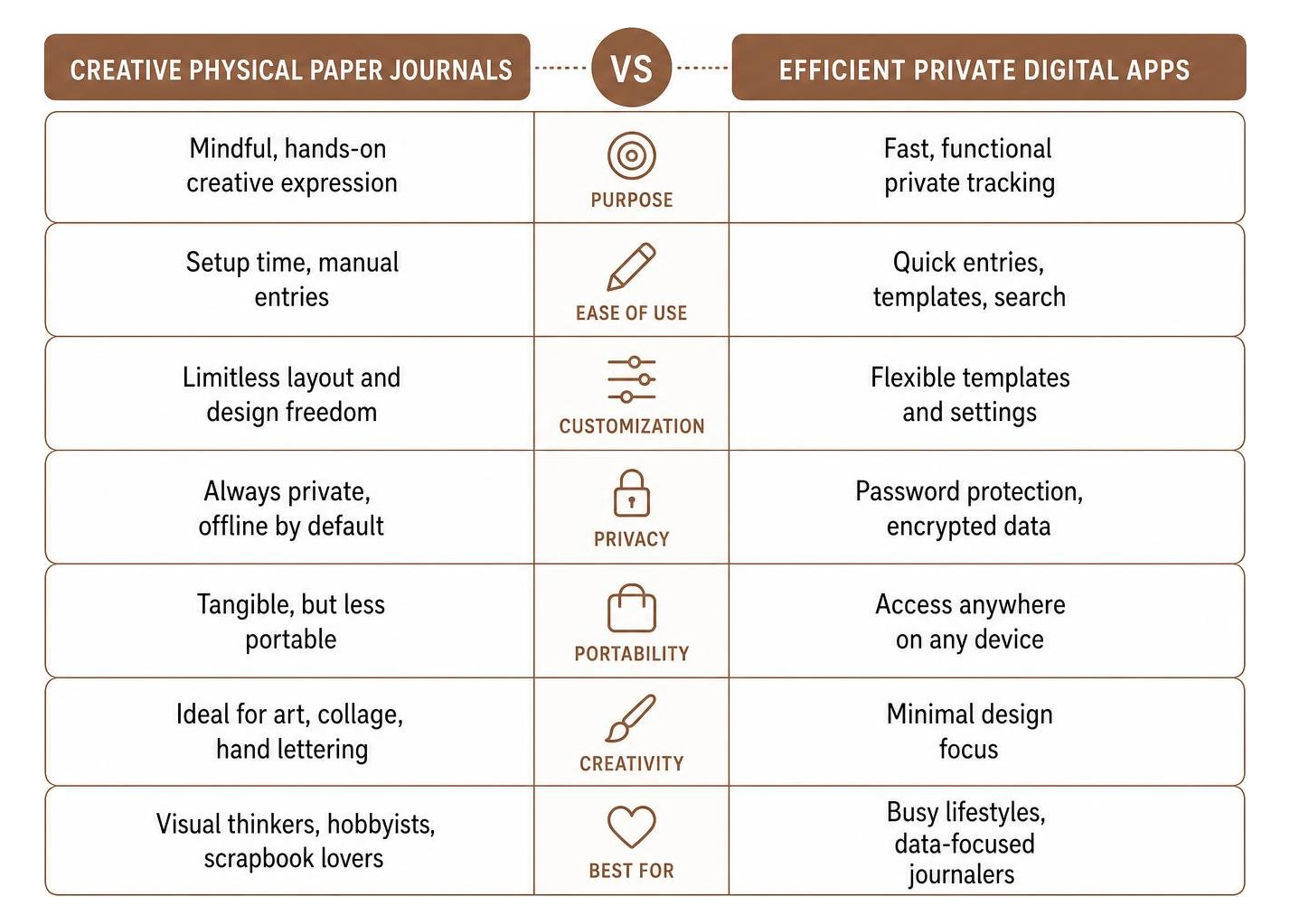 Comparison framework between creative physical paper journals and efficient private digital apps Comparison framework between creative physical paper journals and efficient private digital apps