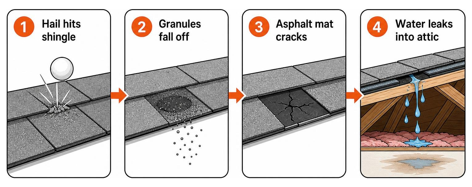 Process diagram of water entering a damaged roof: hail hits shingle, granules fall off, asphalt mat cracks, water leaks into
