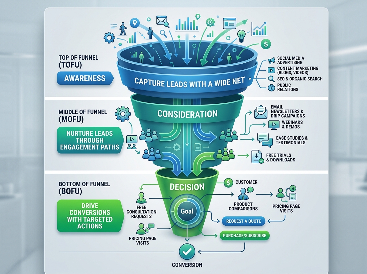 Visual breakdown of TOFU awareness, MOFU consideration, and BOFU decision stages in a marketing funnel - Marketing Visual breakdown of TOFU awareness, MOFU consideration, and BOFU decision stages in a marketing funnel - Marketing