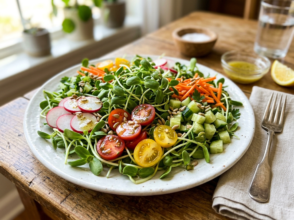 A vibrant sunflower microgreen salad with lemon dressing and colorful vegetables - sunflower microgreen recipes A vibrant sunflower microgreen salad with lemon dressing and colorful vegetables - sunflower microgreen recipes