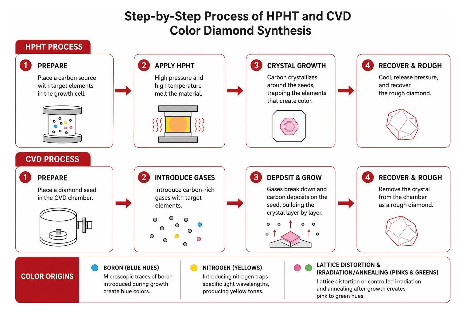 Step-by-step process of HPHT and CVD color diamond synthesis Step-by-step process of HPHT and CVD color diamond synthesis