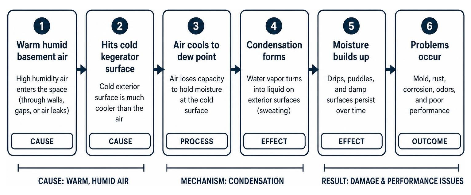 Diagram showing the cause-and-effect chain of warm humid basement air hitting a cold kegerator