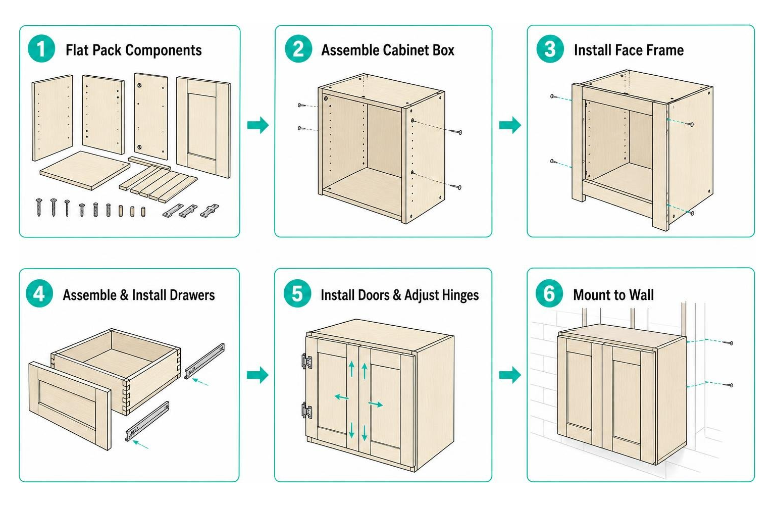 RTA cabinet assembly process from flat pack to final wall mounting