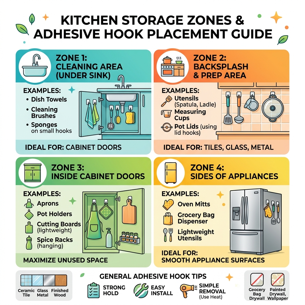Kitchen storage zones and adhesive hook placement guide - adhesive hooks for kitchen infographic 