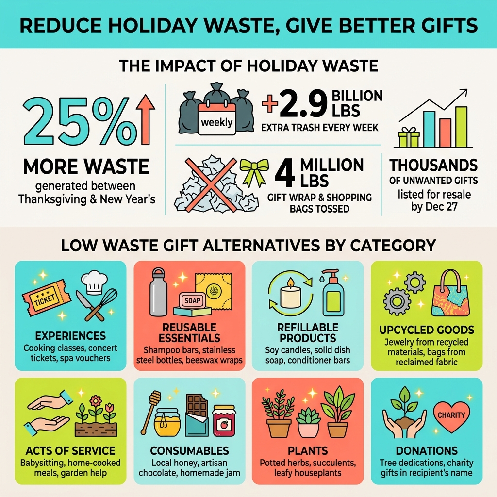 infographic showing holiday waste statistics and low waste gift alternatives by category - low waste holiday gifts infographic showing holiday waste statistics and low waste gift alternatives by category - low waste holiday gifts