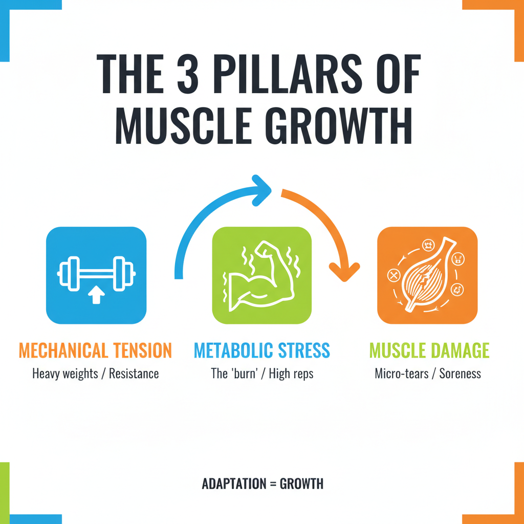 Infographic showing the 3 pillars of muscle growth: mechanical tension, metabolic stress, and muscle damage - best at home