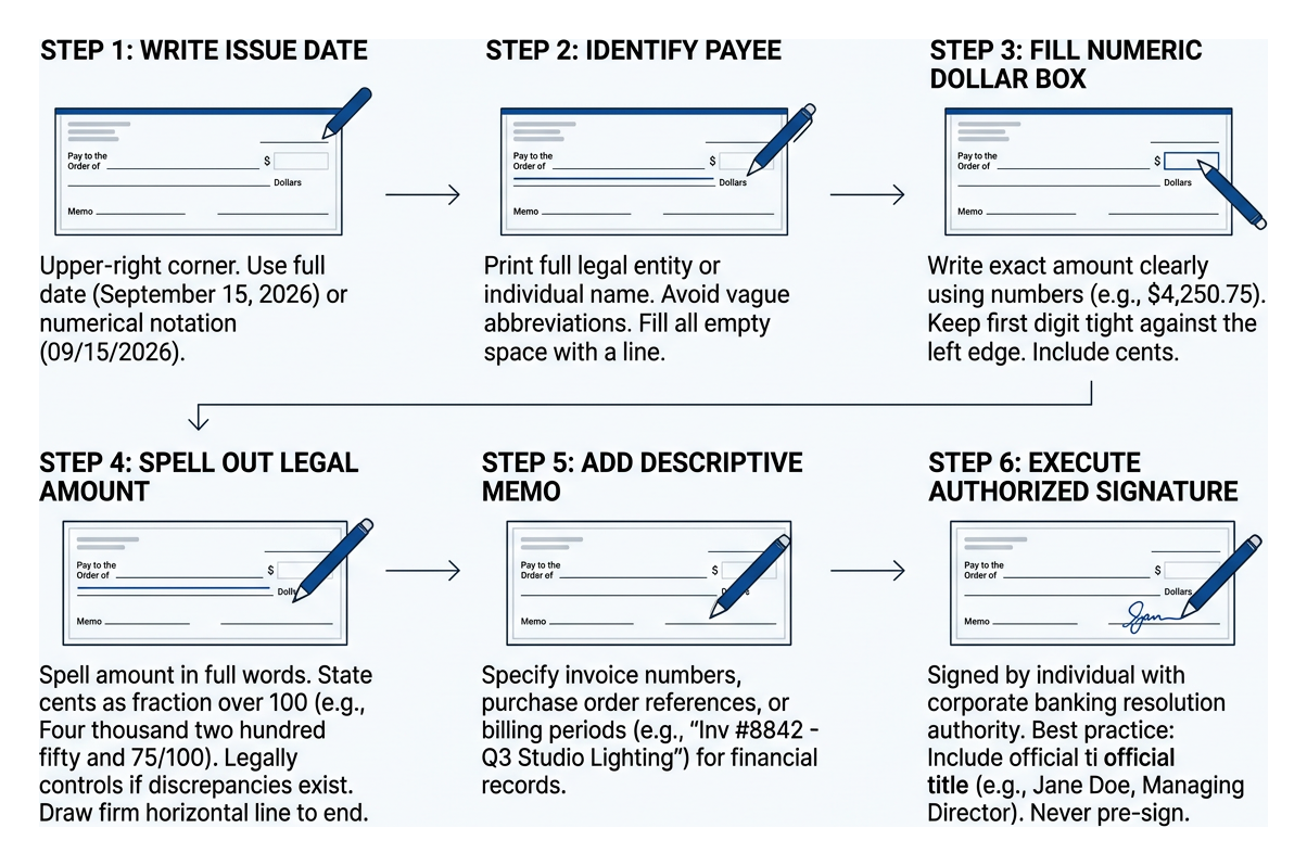 Step by step business check completion workflow