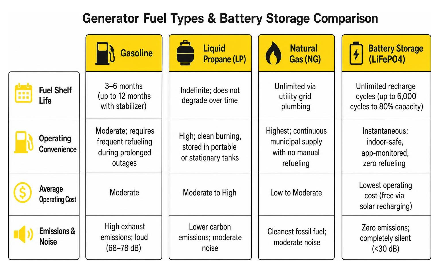 Generator fuel types and battery storage comparison diagram Generator fuel types and battery storage comparison diagram