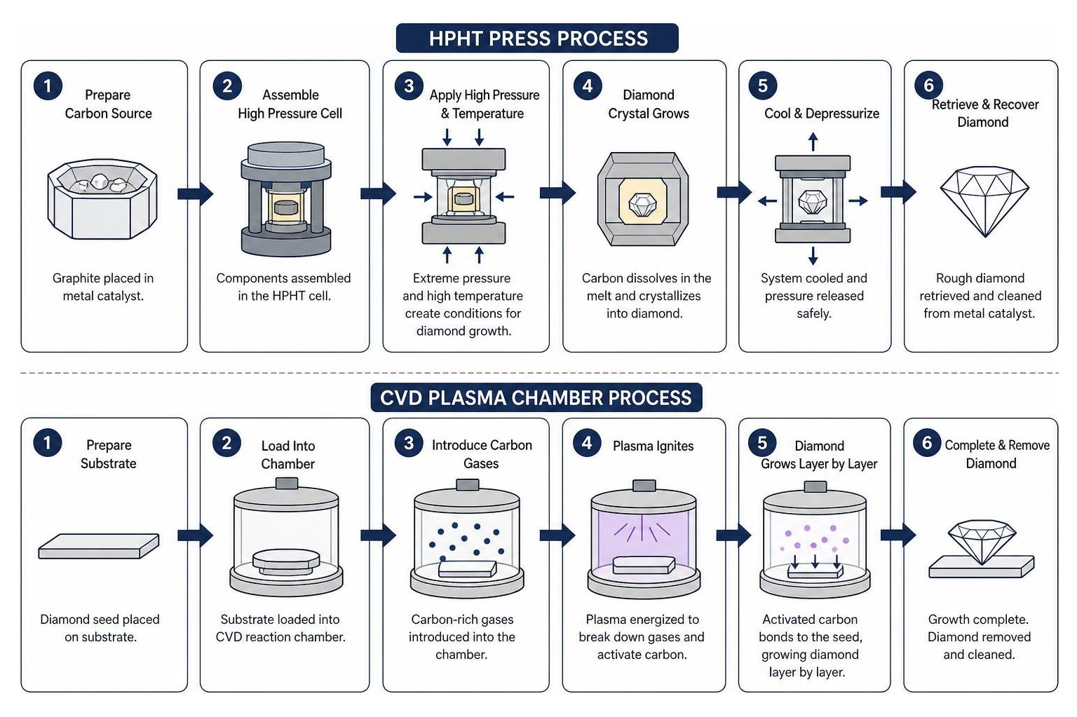 Step-by-step comparative diagram of HPHT press versus CVD plasma chamber processes Step-by-step comparative diagram of HPHT press versus CVD plasma chamber processes