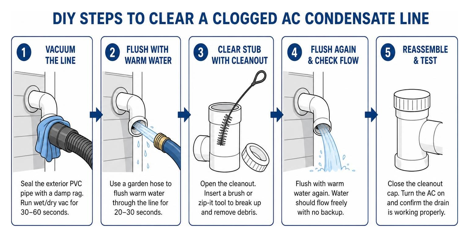 DIY steps to clear a clogged AC condensate line DIY steps to clear a clogged AC condensate line