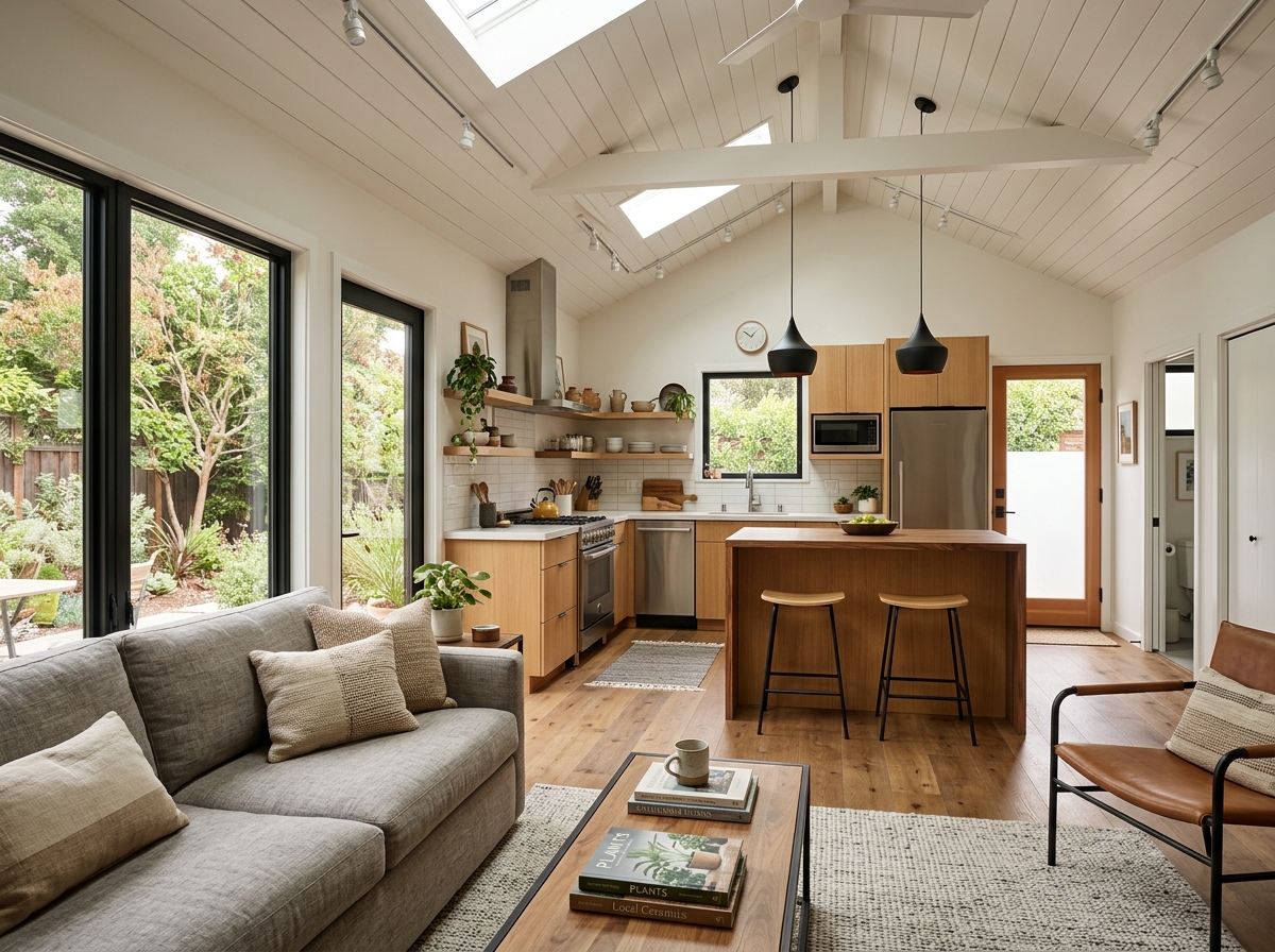 Interior view of a 600 sq ft prefab ADU showing an open-concept kitchen and vaulted ceilings - granny flats prefabricated