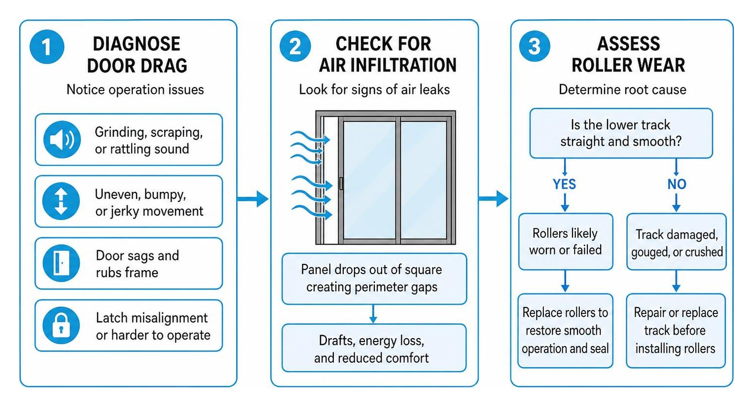 Process of diagnosing door drag, air infiltration, and roller wear Process of diagnosing door drag, air infiltration, and roller wear