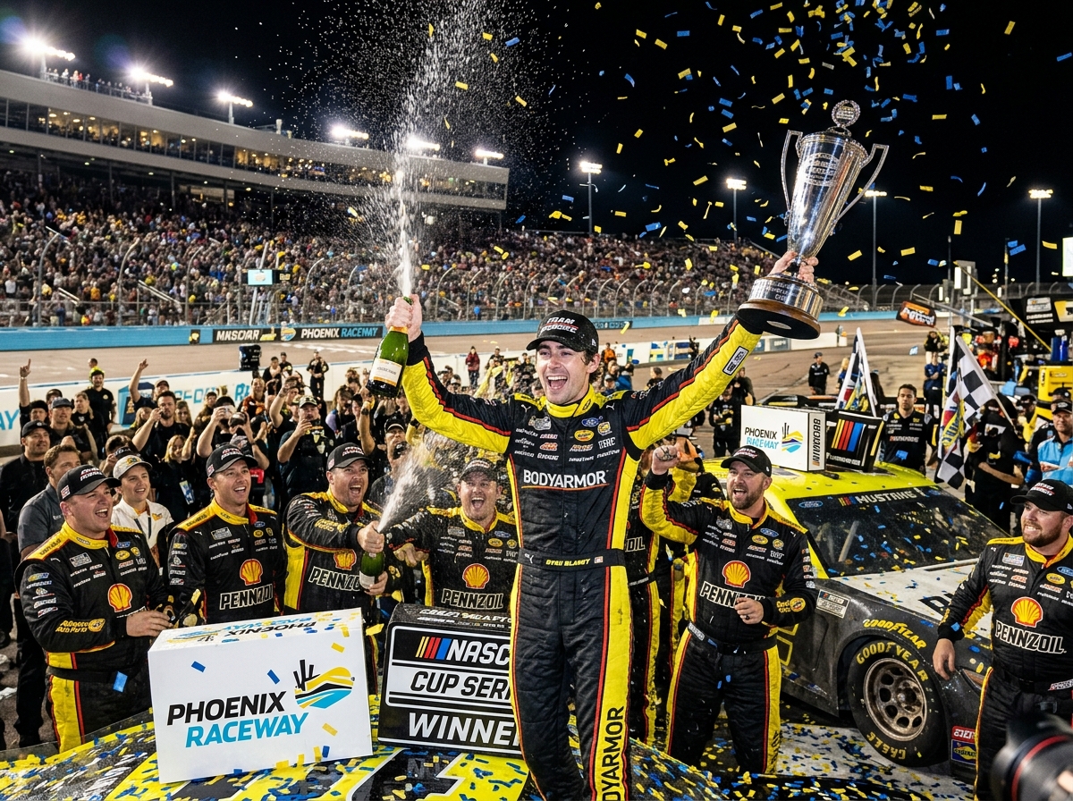 Ryan Blaney celebrating with his team in victory lane at Phoenix Raceway - nascar race results Ryan Blaney celebrating with his team in victory lane at Phoenix Raceway - nascar race results