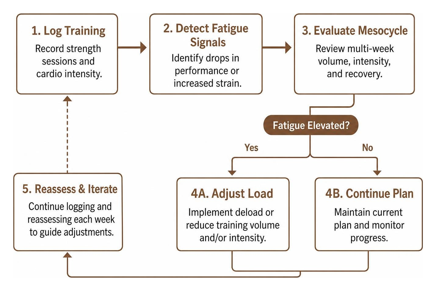 Process flow diagram showing how fatigue signals trigger deload or volume adjustments in a mesocycle Process flow diagram showing how fatigue signals trigger deload or volume adjustments in a mesocycle