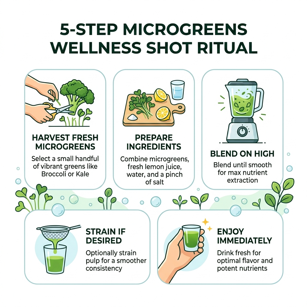 5-step microgreens wellness shot ritual infographic showing ingredients, blending, and serving - microgreens wellness shot