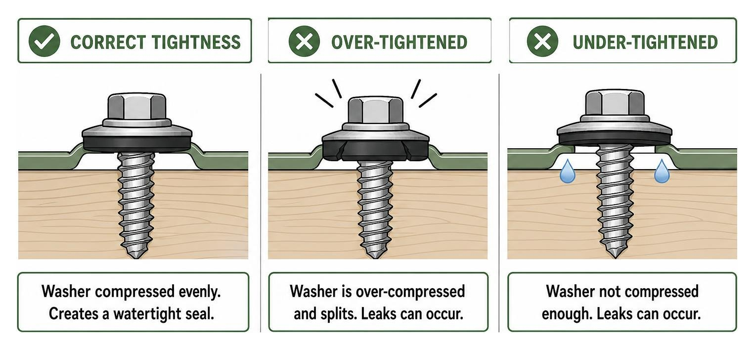 Diagram showing correct screw tightness versus over-tightened and under-tightened screws Diagram showing correct screw tightness versus over-tightened and under-tightened screws