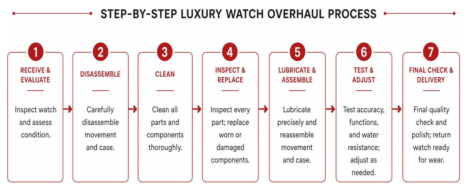 Step-by-step luxury watch overhaul process