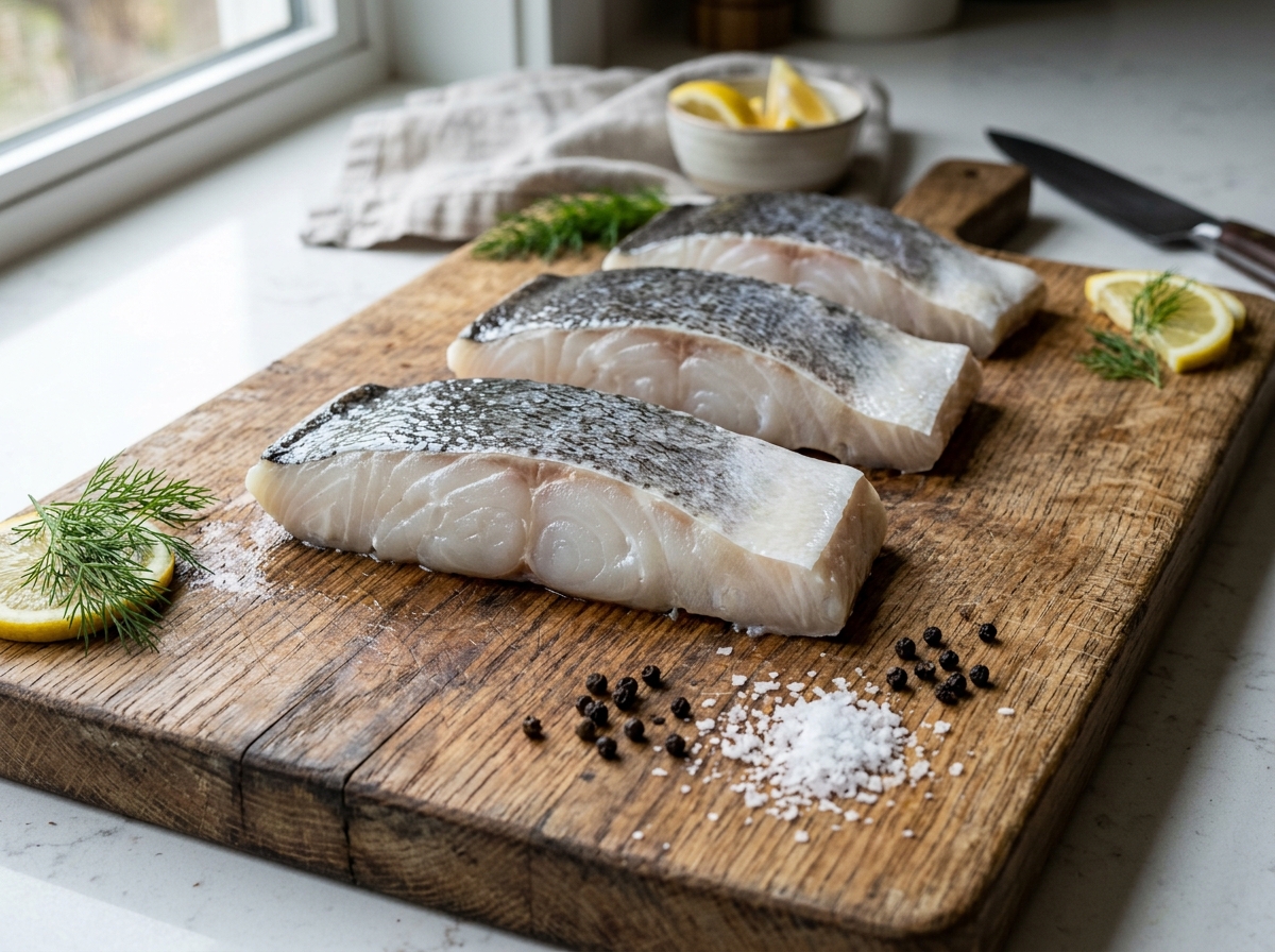 fresh thick halibut fillets on a wooden cutting board - fast halibut grilled recipe