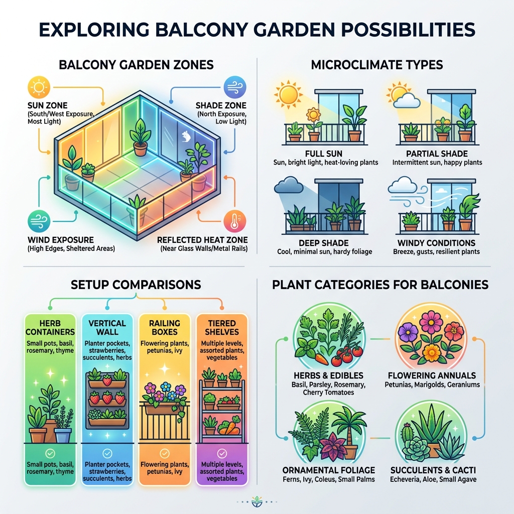 Infographic showing balcony garden zones, microclimate types, setup comparisons, and plant categories - outdoor balcony