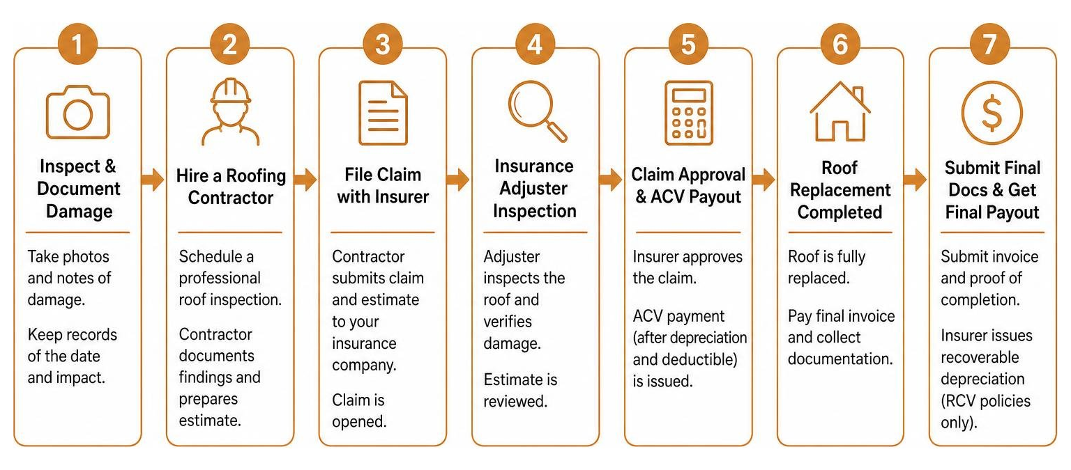 Diagram showing the step-by-step workflow of a roof insurance claim from inspection to final payout Diagram showing the step-by-step workflow of a roof insurance claim from inspection to final payout