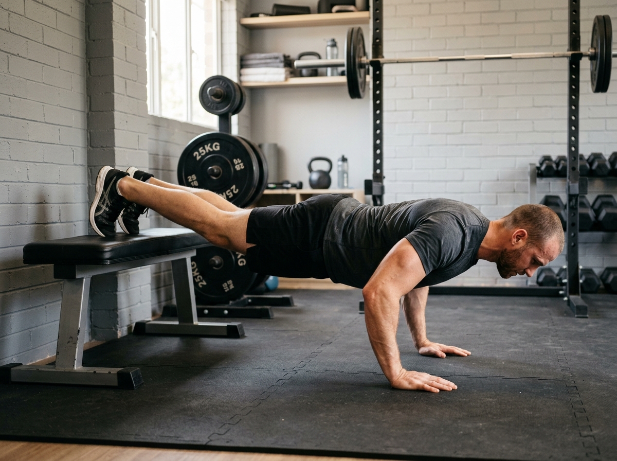 athlete performing a decline push-up with feet on a bench - at home chest day athlete performing a decline push-up with feet on a bench - at home chest day